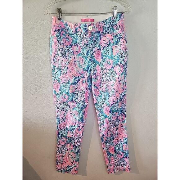 Lilly Pulitzer Pink Blue Seashells Pants Blue Pink Women's Size 2 Cotton Stretch - Picture 1 of 6